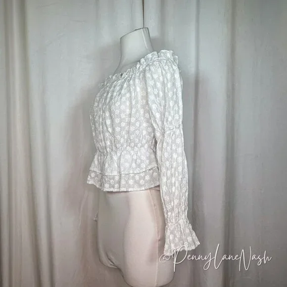 Shein Off Shoulder Floral Ruffle Hem Peplum Crop Top Blouse White - Picture 8 of 10